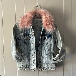 Honey Punch Light Blue Jean Jacket Distressed with Pink Faux Fur Collar